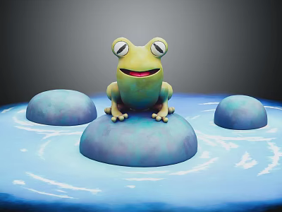 Adorable Green Cartoon Frog Sitting On Blue Round Stone With Water Ripples And Small Stones 3d model