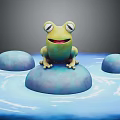Adorable Green Cartoon Frog Sitting On Blue Round Stone With Water Ripples And Small Stones