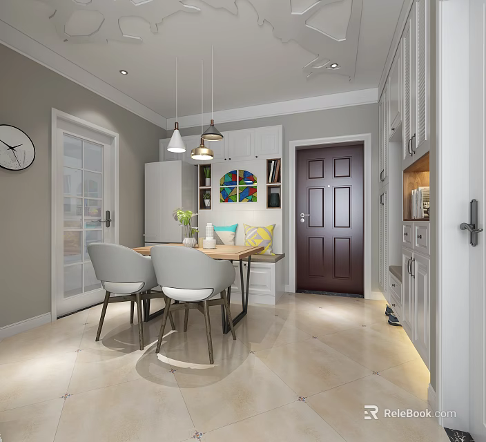Modern Dining Room With Wooden Table Chairs Hanging Lights Stained Glass And Tile Floor 3d model 