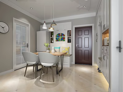Modern Dining Room With Wooden Table Chairs Hanging Lights Stained Glass And Tile Floor 3d model