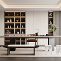 Modern Tea Room Interior With Wooden Table Chairs Teaware Shelves And Flower Vase