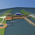 Aerial View Planning of Waterfront Area With Traditional Pavilions Blue Roof Building and Platforms
