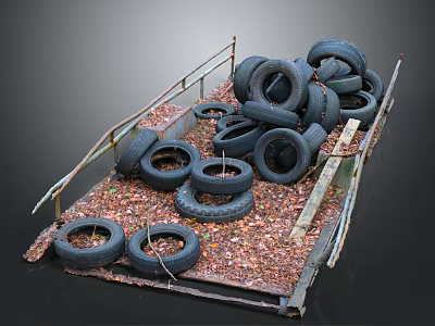 Used Automotive Car Tires Stacked On Metal Pallet With Dry Leaves 3d model