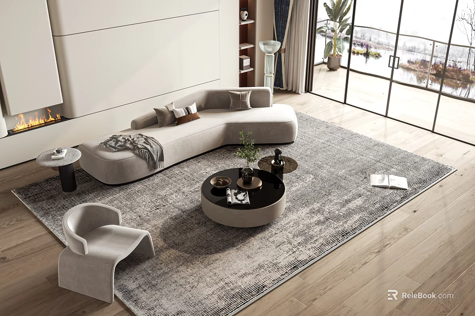 Modern Light colored L shaped Sofa and Round Coffee Table Set with Accent Chair and Area Rug 3d model 