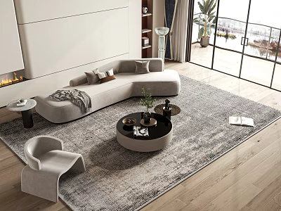 Modern Light colored L shaped Sofa and Round Coffee Table Set with Accent Chair and Area Rug 3d model
