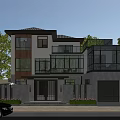 Modern Two Story Detached Villa With Wood Stone Exterior Large Glass Windows And Garage