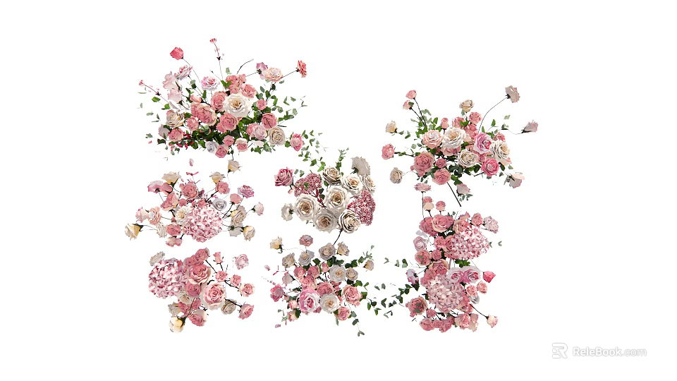 Various Pink White Flower Bouquets In Decorative Vases With Fresh Green Leaves 3d model 