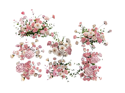 Various Pink White Flower Bouquets In Decorative Vases With Fresh Green Leaves 3d model