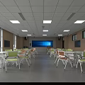 Modern School Classroom With Colorful Desks Chairs Large Blue Screen Wooden Walls And Bright Lighting