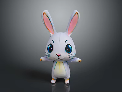 White Cartoon Rabbit Plush Toy With Big Blue Eyes Pink Ears Yellow Belly Orange Paws 3d model
