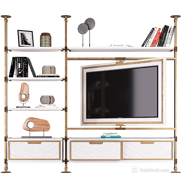 Modern TV Stand With Metal Frame Shelves TV Decorative Items And Books 3d model 