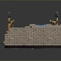 Cartoon Scene with Brick Walls Barrels Flag Street Lamps Gravestones Grass and Wooden Fences