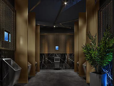 Hotel Bathroom Interior With Golden Pillars Dark Walls Marble Flooring And Green Plant 3d model