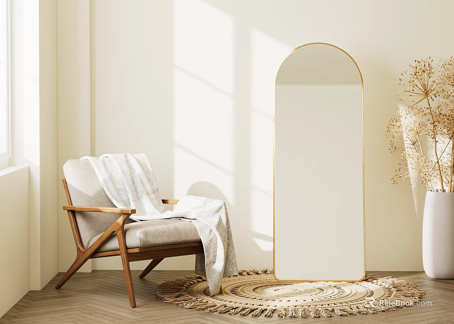 Modern Minimalist Living Room With Wooden Armchair Round Rug Floor Mirror And Sunlight 3d model 