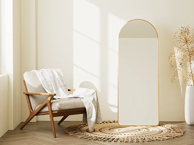Modern Minimalist Living Room With Wooden Armchair Round Rug Floor Mirror And Sunlight 3d model