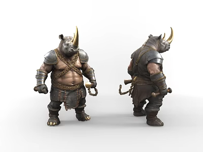 Game Movie Rhino Warrior Character With Armored Outfit Holding Weapons Front Back Views 3d model