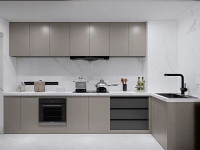 Modern Kitchen Interior With Gray Cabinets White Marble Walls Stove Oven And Sink 3d model