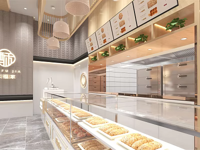 Modern Dessert Shop Interior With Glass Display Cases Fresh Pastries Menu Boards And Pendant Lights 3d model