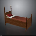 Classic Wooden Four Poster Bed With Red Pillow And Mattress