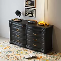 Black Dresser With Gold Handles Gramophone Radio Yellow Fruits And Elephant Painting