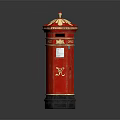 Traditional Red Postbox With White Decorative Top Post Office Sign And Black Base