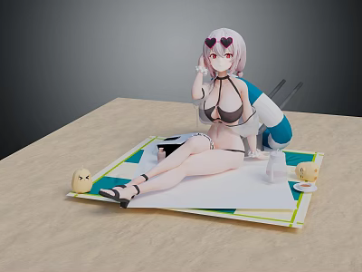 Pink Hair Anime Game Character Figure With Heart Shaped Sunglasses Sitting On Mat And Chick Toys 3d model