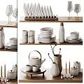 Minimalist Tableware Set On Wooden Shelves With Dishes Cups Teapot