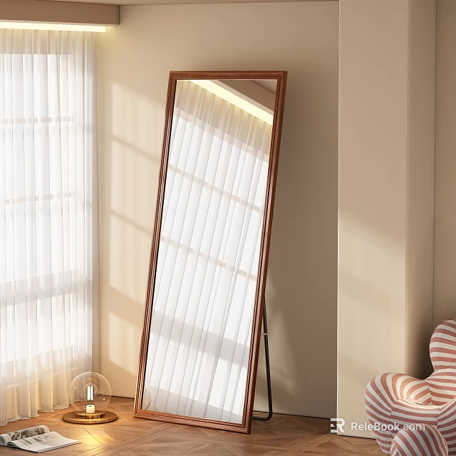 Full Length Standing Mirror With Wooden Frame Reflecting Natural Light From Window In Living Room 3d model 