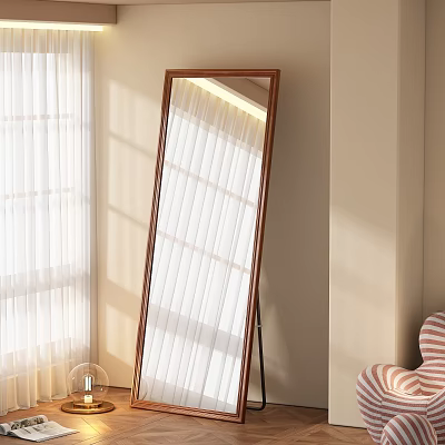 Full Length Standing Mirror With Wooden Frame Reflecting Natural Light From Window In Living Room 3d model