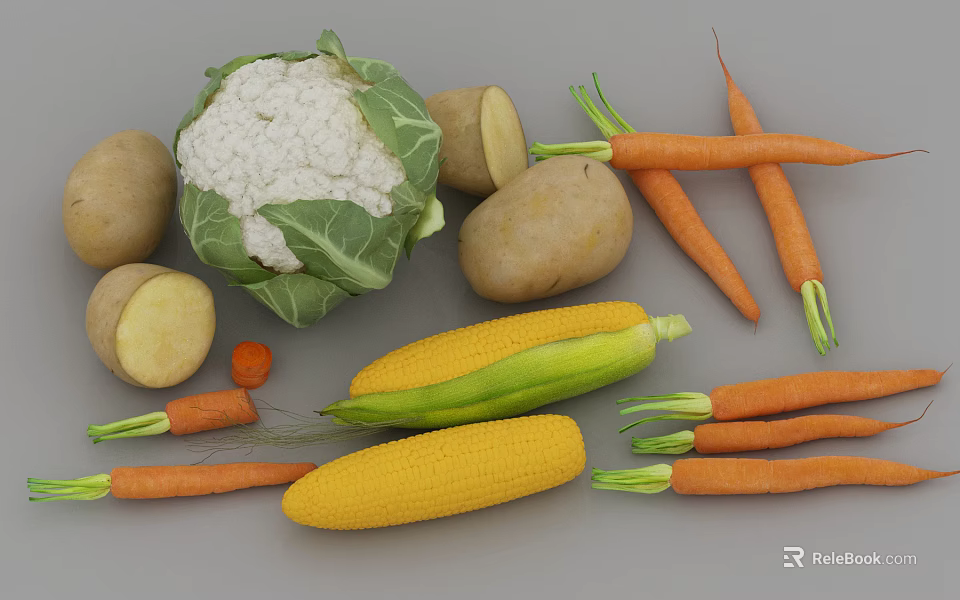 Fresh Assorted Vegetables Including Cauliflower Whole And Cut Potatoes Carrots And Corn 3d model 