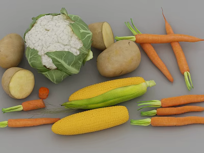 Fresh Assorted Vegetables Including Cauliflower Whole And Cut Potatoes Carrots And Corn 3d model
