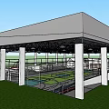 Indoor Basketball Gym Interior With Multiple Courts Red Seats And Metal Roof Structure