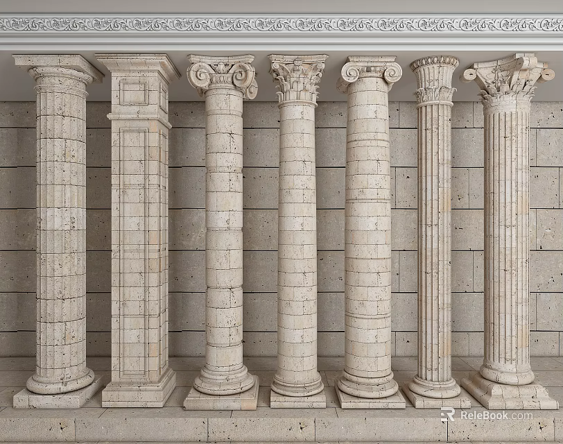 Roman Columns Of Different Designs In Classical Stone Wall Scene 3d model 
