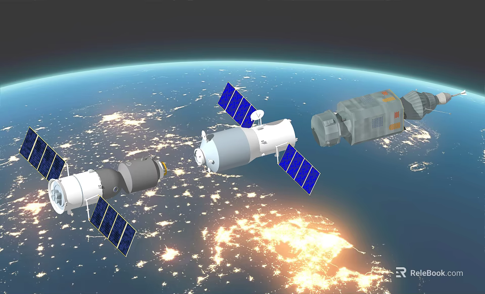 Orbiting Satellites and Space Station Modules Near Earth with Solar Panels 3d model 