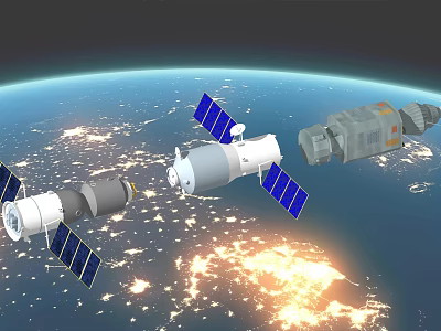 Orbiting Satellites and Space Station Modules Near Earth with Solar Panels 3d model