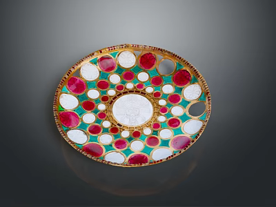Wooden Stone Decorative Plate With Red White Gemstone Inlays Green Background And Gold Rim 3d model