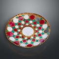 Wooden Stone Decorative Plate With Red White Gemstone Inlays Green Background And Gold Rim