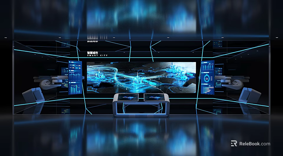 Futuristic Hi Tech Control Room With Large Display Screen And Multiple Monitors 3d model 