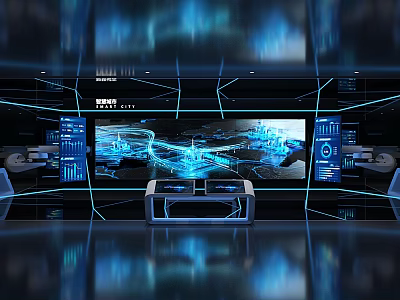 Futuristic Hi Tech Control Room With Large Display Screen And Multiple Monitors 3d model