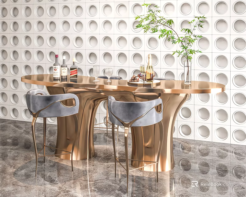 Gold Bar Counter With Perforated White Circular Wall Gray Bar Stools Green Plant And Bottles 3d model 