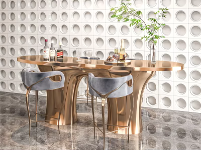 Gold Bar Counter With Perforated White Circular Wall Gray Bar Stools Green Plant And Bottles 3d model