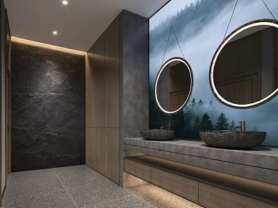 Modern Public Toilet Interior Design With Double Sinks Round Mirrors Stone Countertops And Wooden Accents 3d model