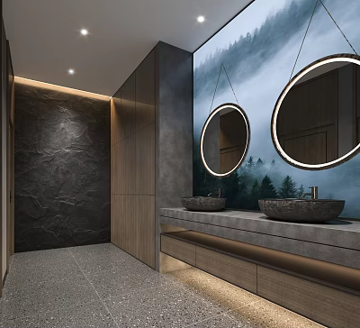 Modern Public Toilet Interior Design With Double Sinks Round Mirrors Stone Countertops And Wooden Accents 3d model