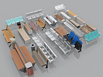 Outdoor Chairs Collection With Various Wooden Metal Benches And Single Seats Design 3d model