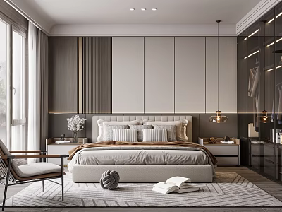 Modern Bedroom Interior Design With King Bed Pillows Nightstand Pendant Lights And Area Rug 3d model