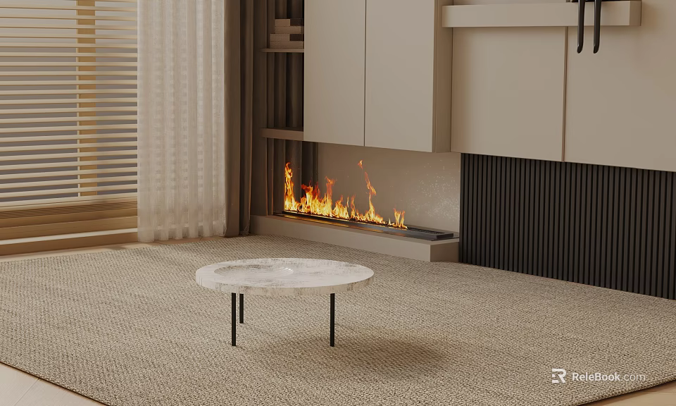 Elegant Modern Sofa Coffee Table Set With Round Marble Top And Fireplace Flames 3d model 