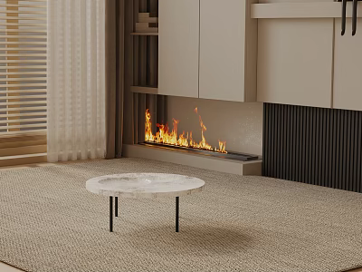 Elegant Modern Sofa Coffee Table Set With Round Marble Top And Fireplace Flames 3d model