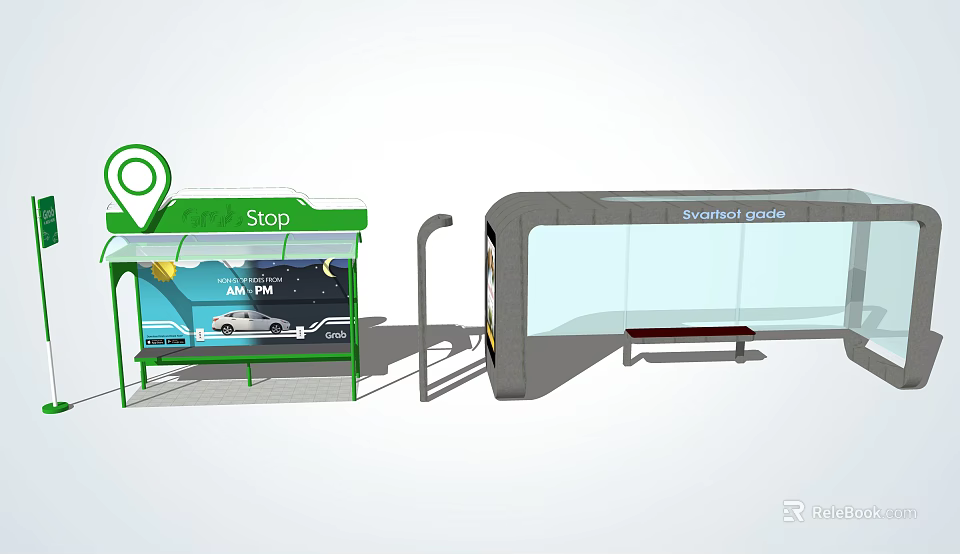 Green Sign Bus Stop With Transparent Shelter Bench And Information 3d model 