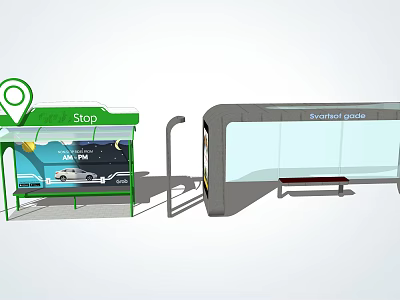 Green Sign Bus Stop With Transparent Shelter Bench And Information 3d model