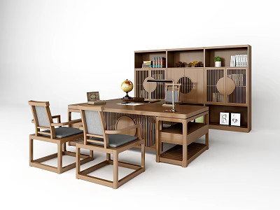New Chinese Style Office Desk Chair Desk Combination 3d model